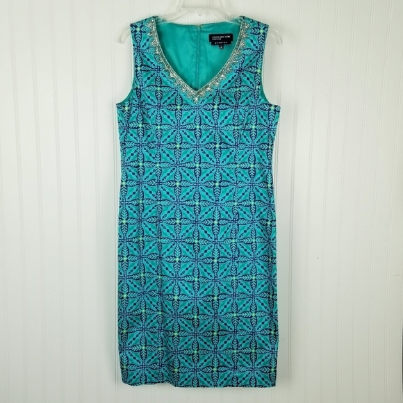 Jones New York Stretch Seleveless V Neck Beaded Midi Dress Size 10 Vibrant Print - Picture 10 of 10